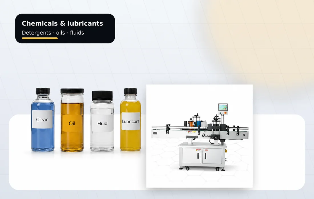 Chemical and lubricant bottles and cans for wraparound labelling
